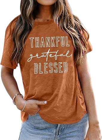 Grateful Thankful Blessed T-Shirt Thanksgiving Fall Shirts for Women Thankful Teacher Short Sleeve Tops Tees