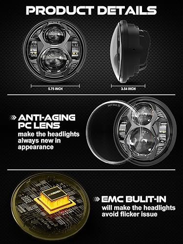 Vista 5 de Faro delantero LED redondo de 5.75 pulgadas, 51 W, 5-3/4 pulgadas, compatible con Harley Dyna Sportster Iron 883 Street Rod Street Bob Softail Deuce