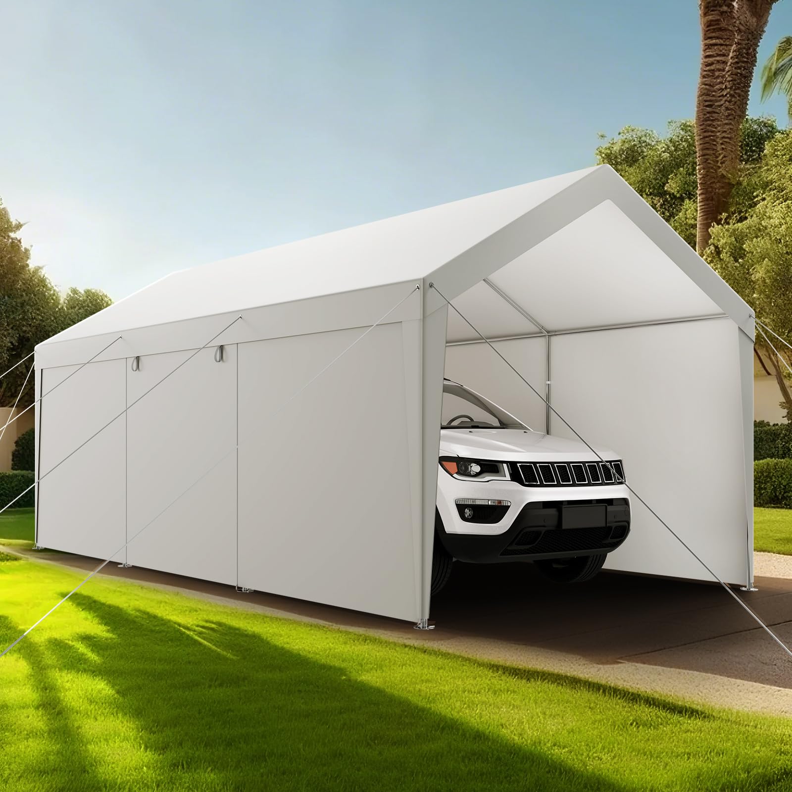 VEVOR Cochera 3,05 x 6,09 x 2,87 m, Cochera Potable con Paredes Laterales y Puerta Desmontables, Marquesina para Coches Resistente a los Rayos UV y al Agua, para Automóviles, Embarcaciones, Blanco