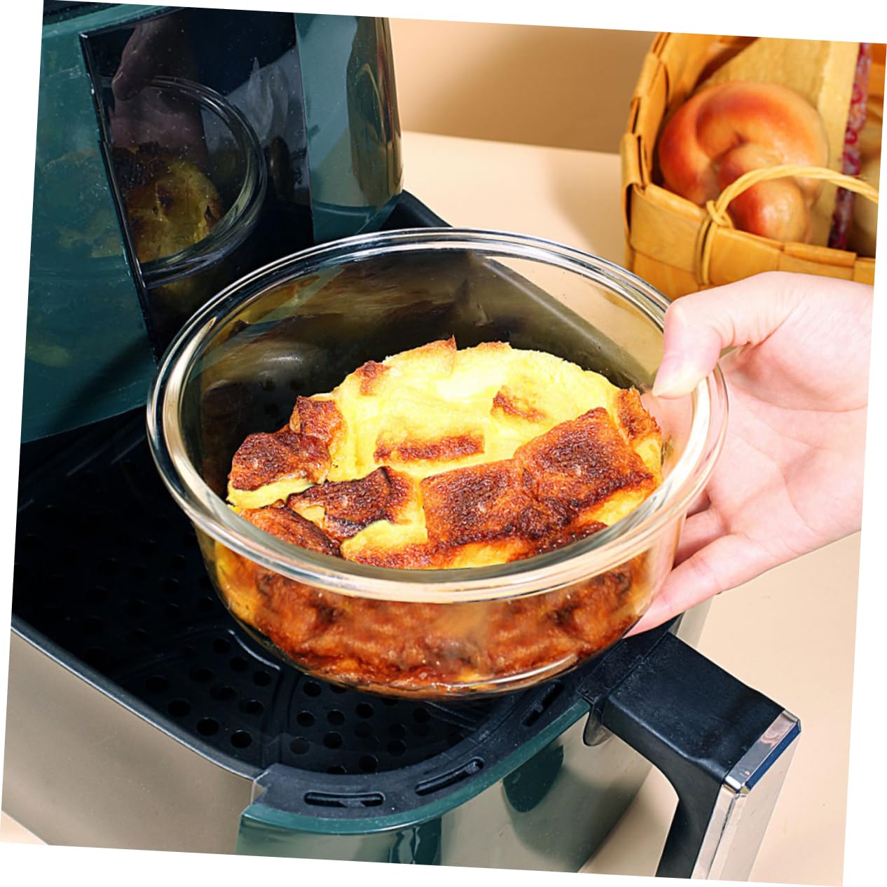 Set 2 Ciotole Vetro Temperato Per Friggitrice Ad Aria E Forno Ciotola Multiuso Alta Resistenza Al Calore 6.5"X6.5"X2.6" Per Insalata Dessert E Cottura Casa