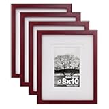 Egofine 8x10 Picture Frames 4 Pack - Wood Frames Covered by Plexiglass for Pictures 4x6 or 5x7 with Mat or 8x10 Without Mat, Photo Frames for Table Top and Wall Display, Cherry Red