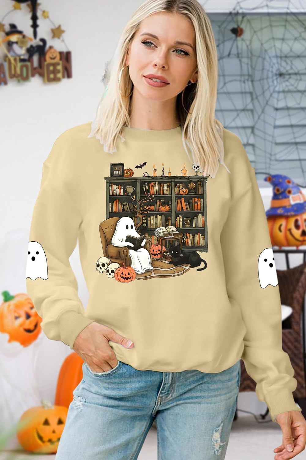 Halloween Reading Sweatshirts Women Vintage Ghost Reading Book Club Shirts Halloween Teacher Long Sleeve Fall Tops - Image 3