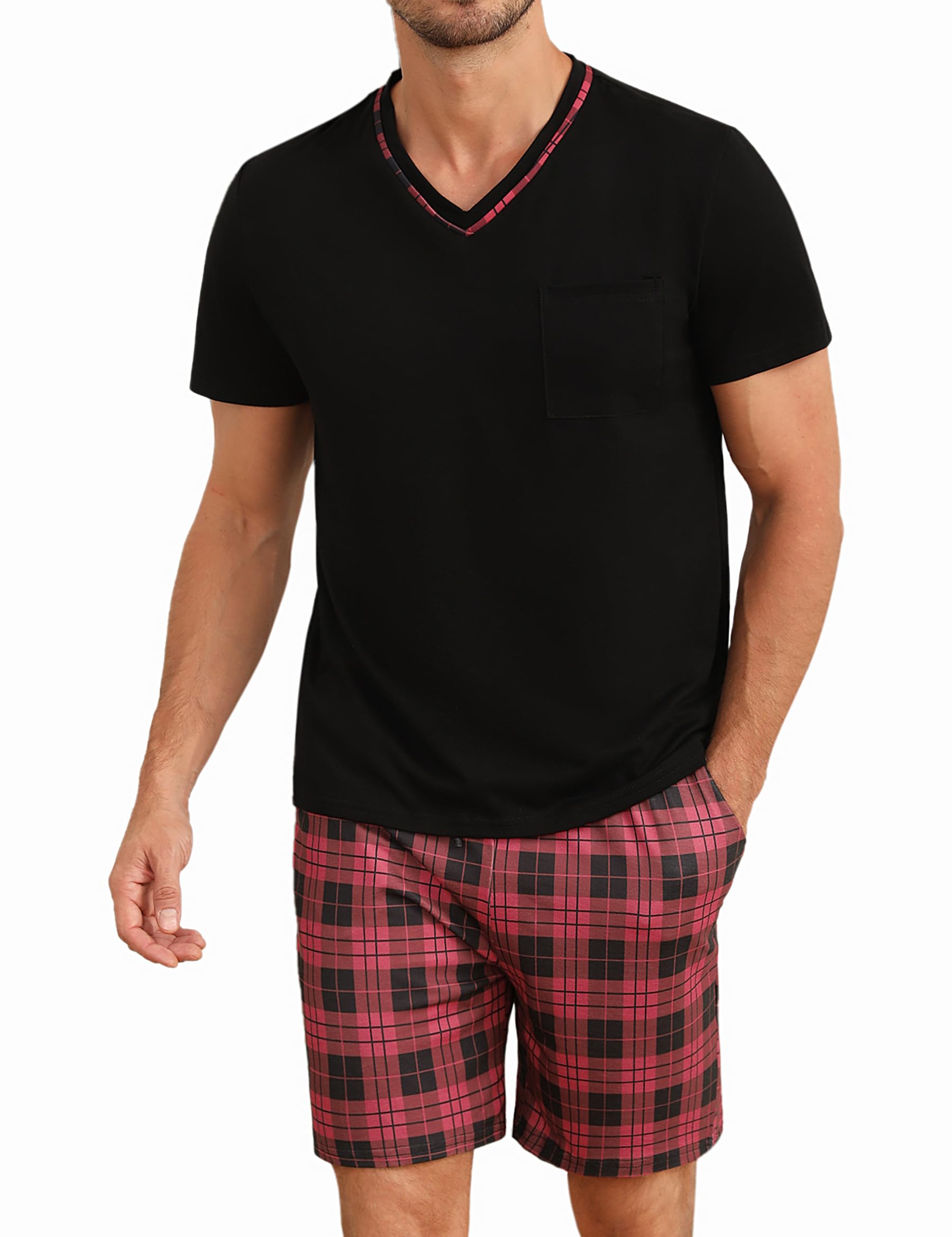 Demegimi Pigiama Uomo Estivo Cotone Corto Leggero Pigiama da Uomo a Quadri Pigiami Due Pezzi a Maniche Corte con Scollo a V e Pantaloncini