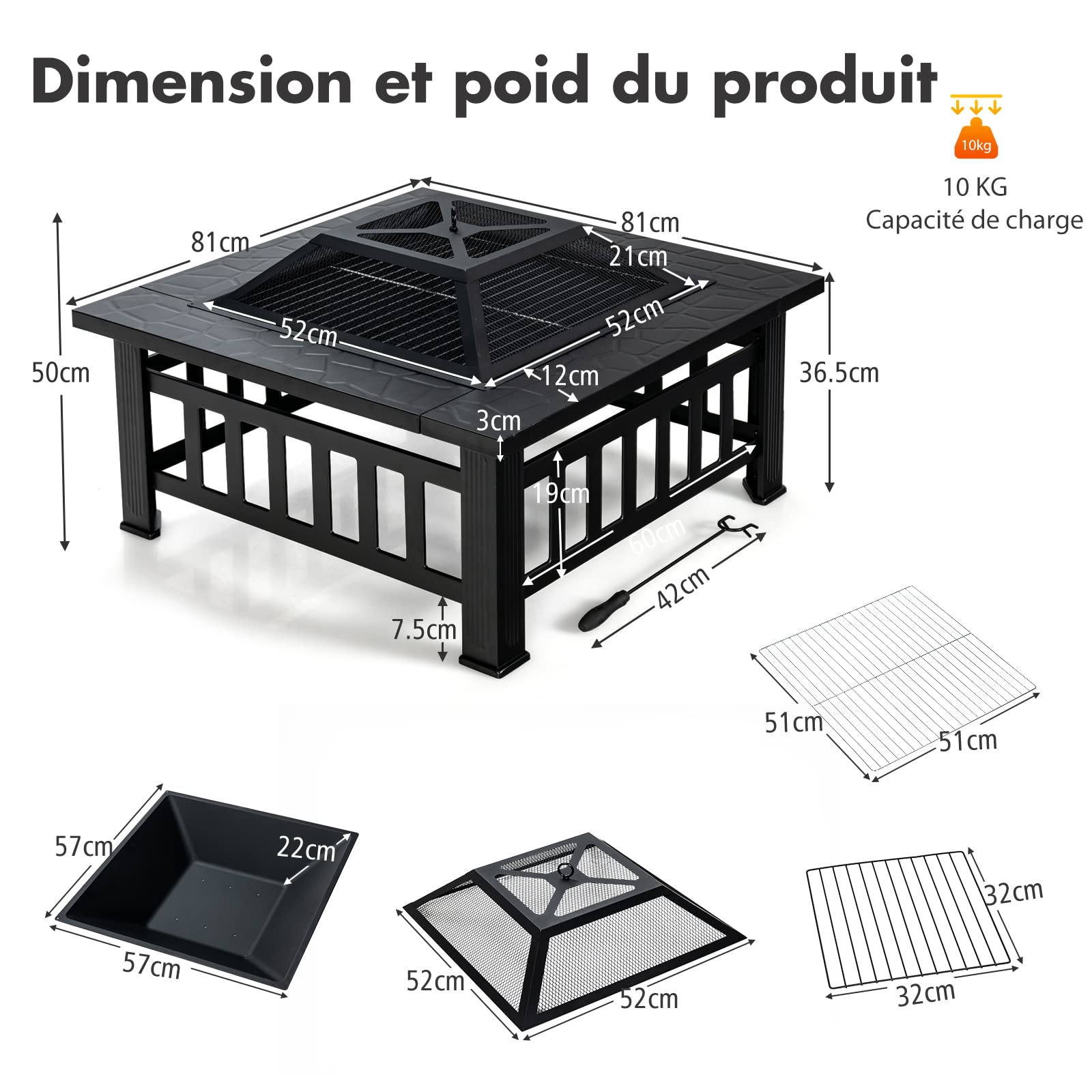 RELAX4LIFE Brasero Extérieur en Fer 3 en 1 avec Couvercle, Brasier avec 6 Trous de Ventilation, Poker et Filet de Barbecue, Brasero avec Sac de Rangement, pour Patio/Jardin/Cour (Modèle 1)