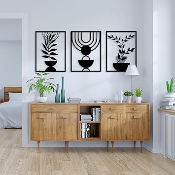 Pduoduo 3 Panel Boho Metal Duvar Sanatı, Soyut Minimalist Geometrik Duvar Sanatı, Oturma Odası, Yatak Odası için Siyah Metal Duvar Heykeli (56 * 42 cm)