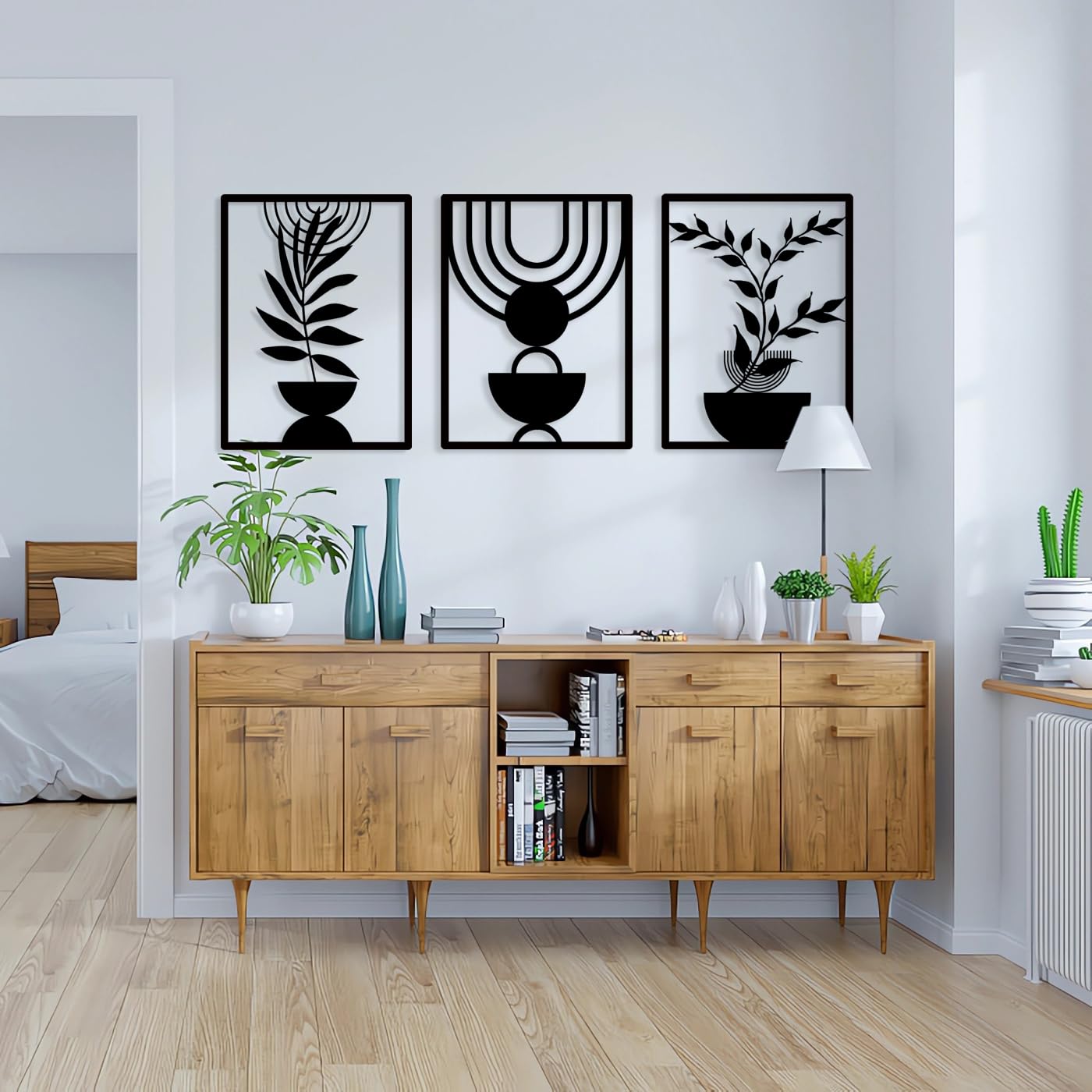 Pduoduo 3 Pannelli Arte da Parete in Metallo Stile Boho, Arte da Parete Geometrica Minimalista Astratta, Scultura in Metallo Nero per Soggiorno, Camera da Letto (56 * 42 cm)