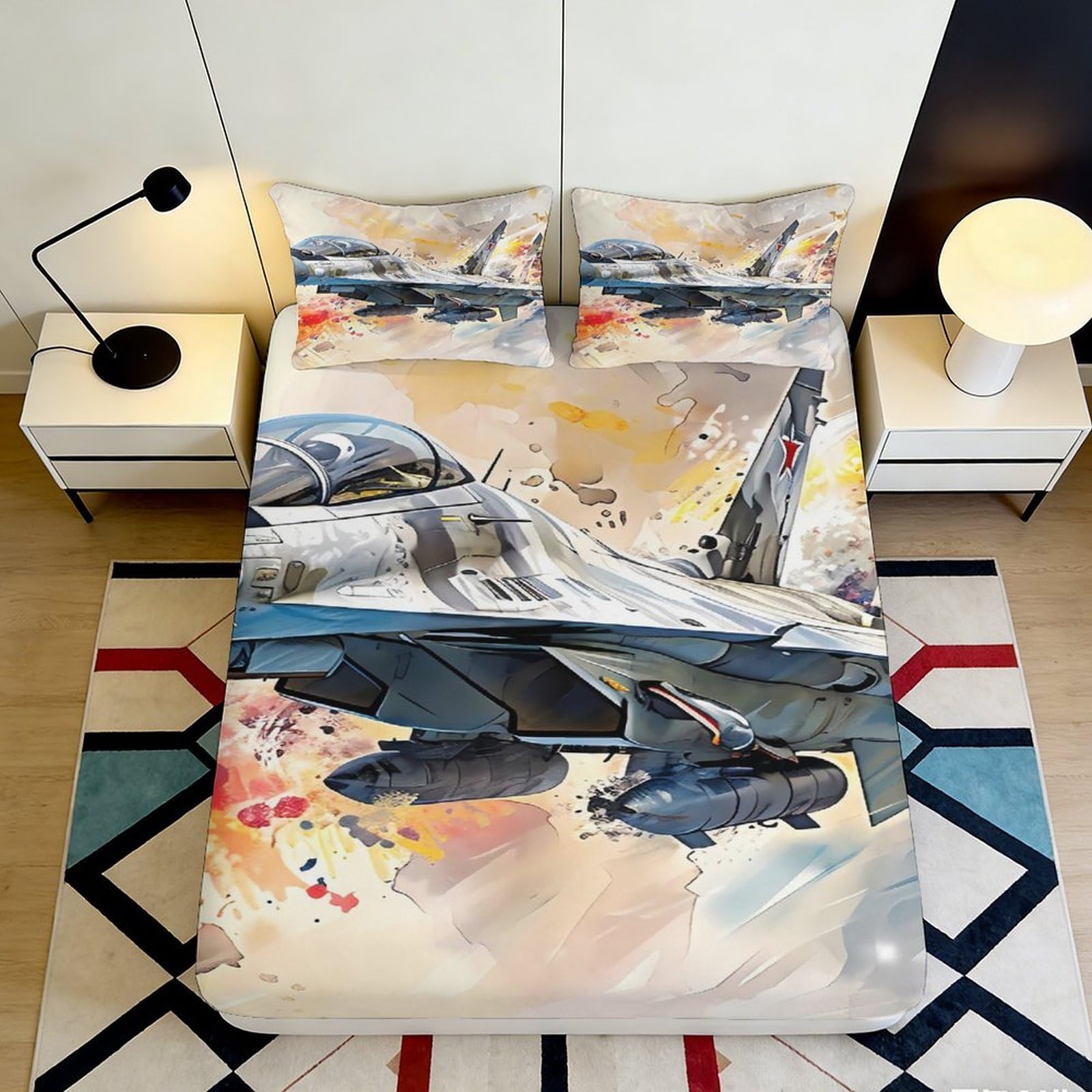 3D Printed Fighter Jet Fitted Sheet Microfiber Soft Anti-Slip Aircraft Pattern Bed Cover for Bedroom Guestroom Easy Care 180x200x25cm
