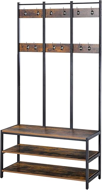 HOMCOM Coat Rack Stand, Free Standing Hall Tree, Coat Stand with Hooks, Bench and Shoe Rack, 100cm x 40cm x 184cm, Industrial Style, Rustic Brown and Black