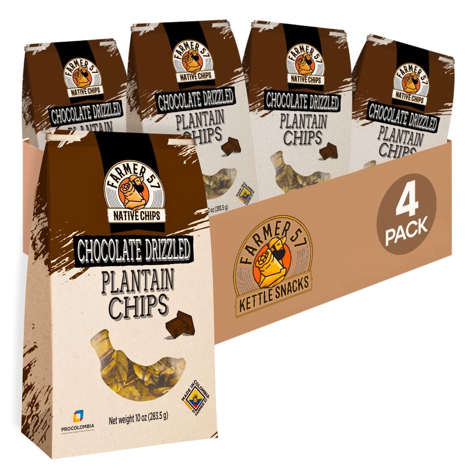 Farmer 57 Native Chips Chocolate Drizzled Plantain Chips 10oz, 4-Pack Kosher & Gluten-Free Healthy Snack for Work, Home & On-the-Go, Kettle-Cooked in Sunflower Oil