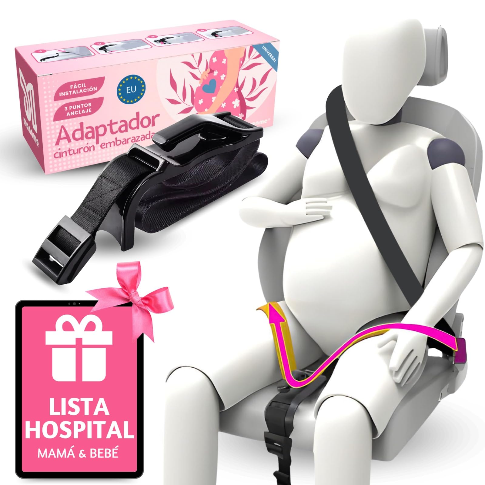 Adaptador Cinturon De Seguridad Para Embarazada. Ajustador Homologado Para Maternidad, Protege A Tu Bebe En El Coche De Impactos, Presiones. Anclaje Premama Embarazo.