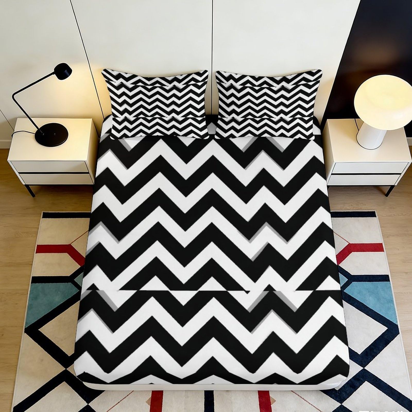 3D Printed Black White Chevron Fitted Sheet Microfiber Deep Pocket Elastic Hem Bedroom Bedding Wave Mattress Fitted Cover Washable 140x200x25cm