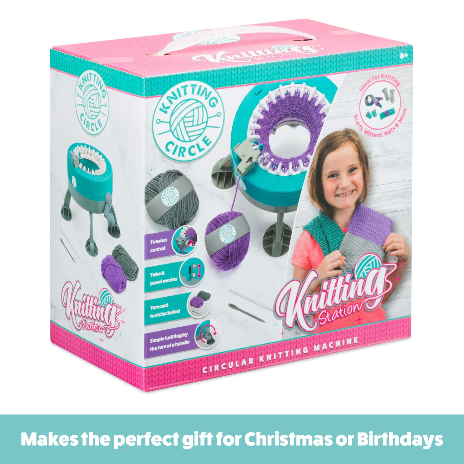 Knitting Circle Station for Kids | Kit de Manualidades para niños para Principiantes, máquina de Tejer pequeña, Guantes de Punto, Sombreros y Bufandas con Hilos de Dos Colores