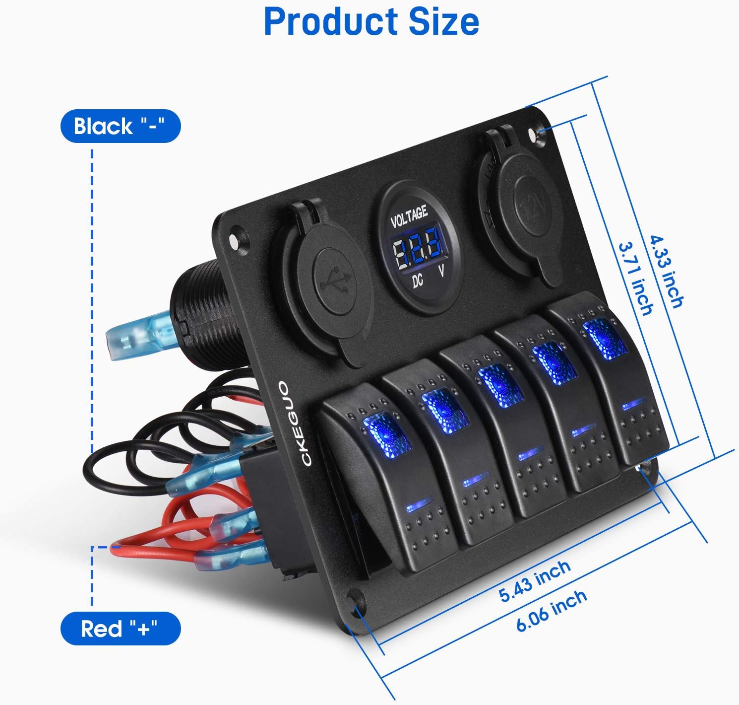 CKEGUO 5 Gang Marine Boat Rocker Switch Panel with Cigarette Lighter + Blue Digital Voltmeter + Dual USB Charger Socket 3.1A, 12/24V Waterproof Toggle Switches for Automotive Car Truck RV Vehicles : Automotive
