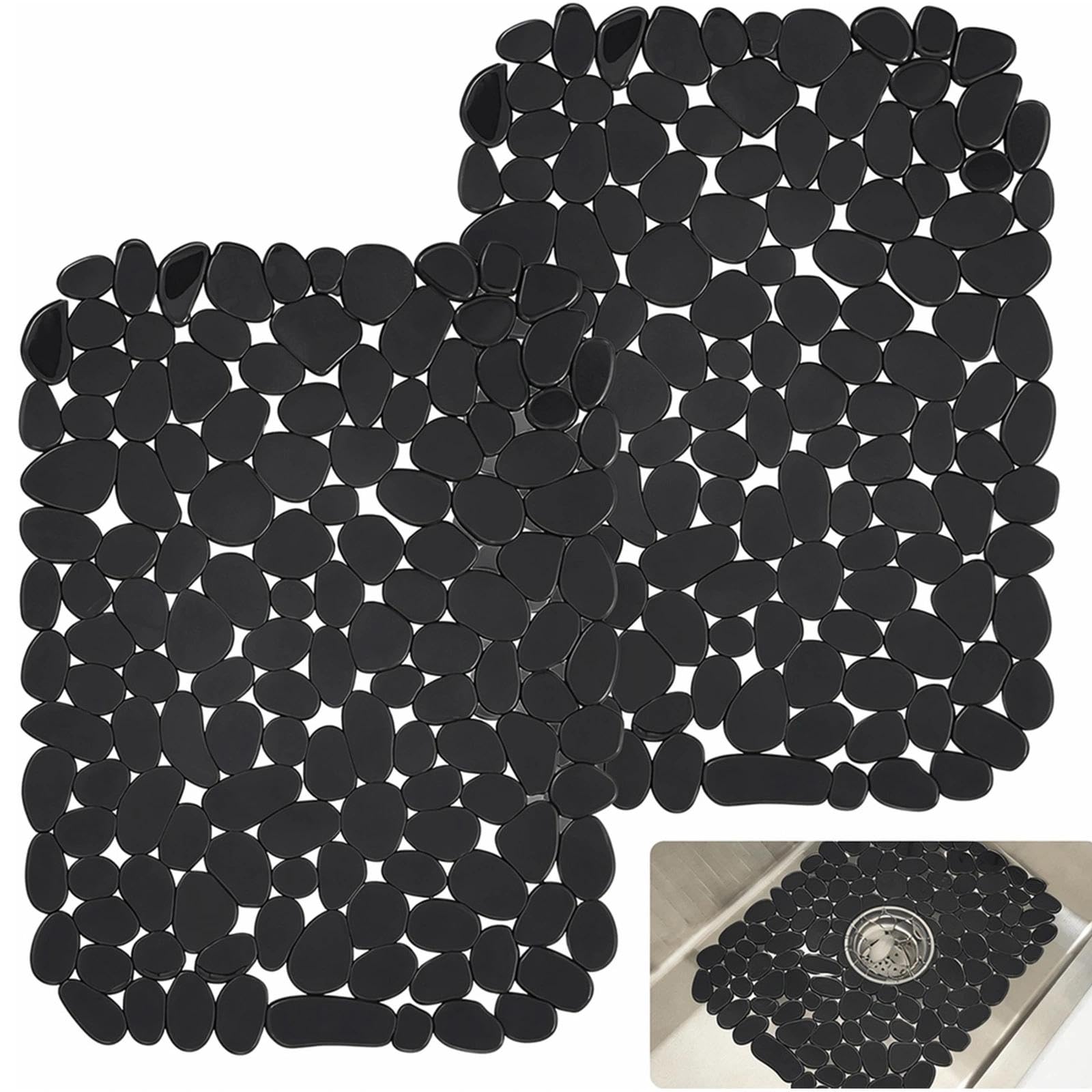 2 PCS Sink Protector Mat, 40x30cm Cuttable Sink Protector, Non-Slip Sinks Drainer Mat for Kitchen Stainless Steel Sinks, for Dishes and Glassware, Black (Black)
