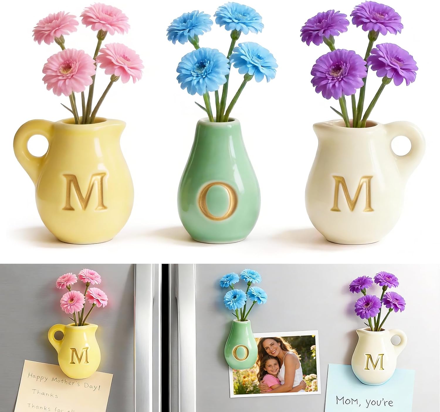 Imanes de nevera mini florero cerámico 3D con flores artificiales