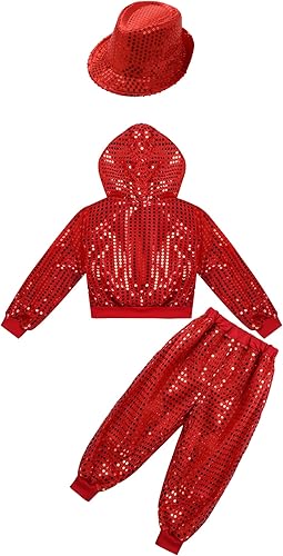 Miniatura 4 de YiZYiF Disfraz de discoteca de hip hop, jazz y baile, con lentejuelas, chaqueta con capucha, pantalones, sombrero, disfraz de Navidad