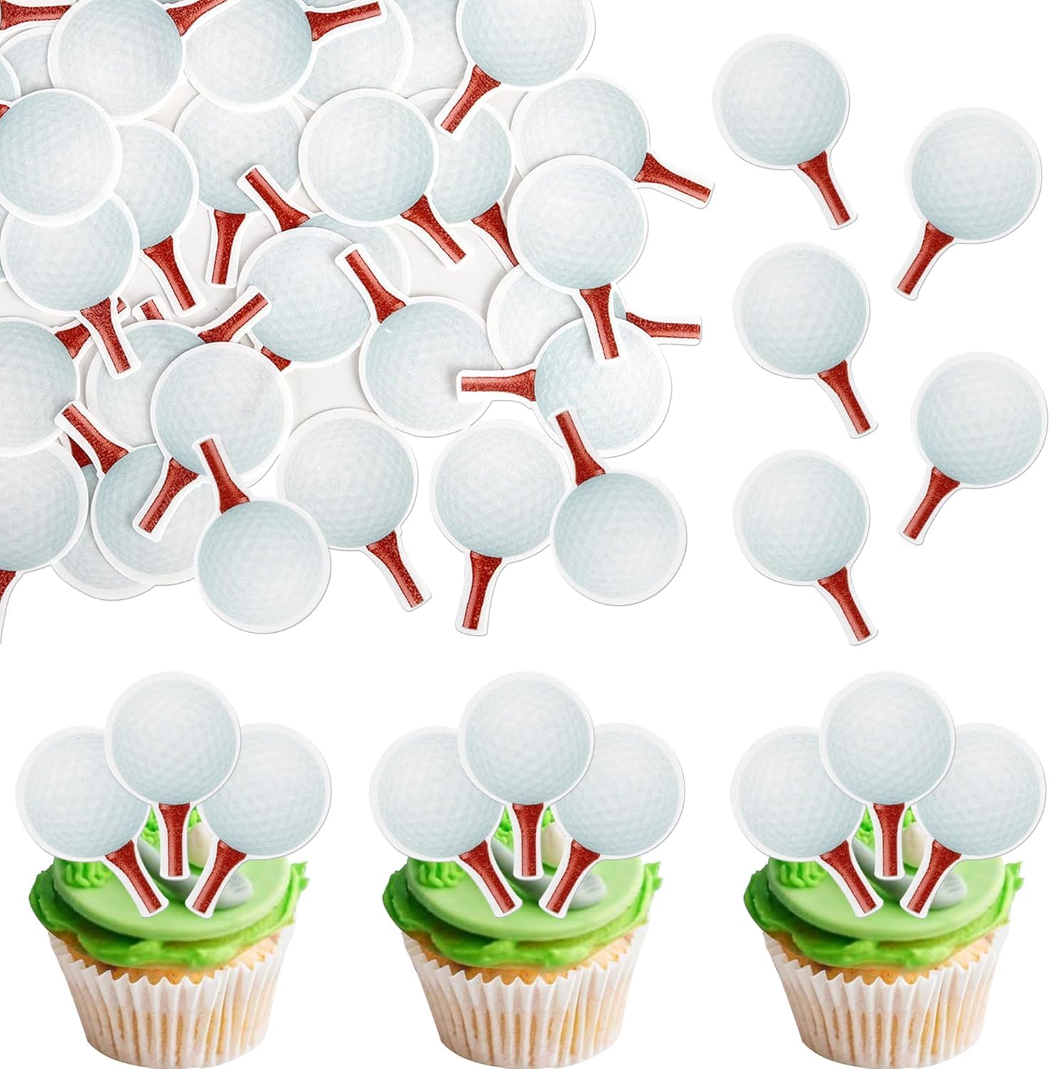SYKYCTCY 48 Pack Edible Golf Cupcake Toppers Sports Golf Ball Cupcake Picks For Water Baby Shower Golf Outdoor Sports Players Theme Kids Birthday Party Cake Decorations Supplies