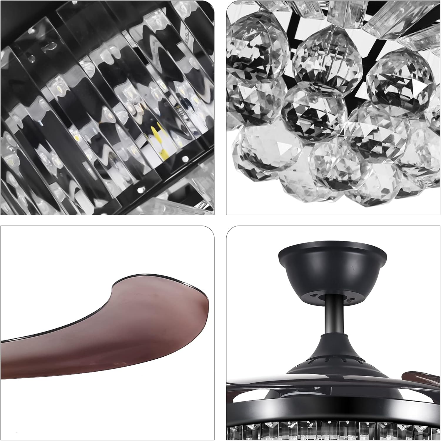 A Million 42" Crystal Ceiling Fan with Lights, Black Ceiling Fan Chandelier with Remote Control 3 Color Light and 3 Speed Change Retractable Blade Crystal Fandelier LED Lighting Fixture