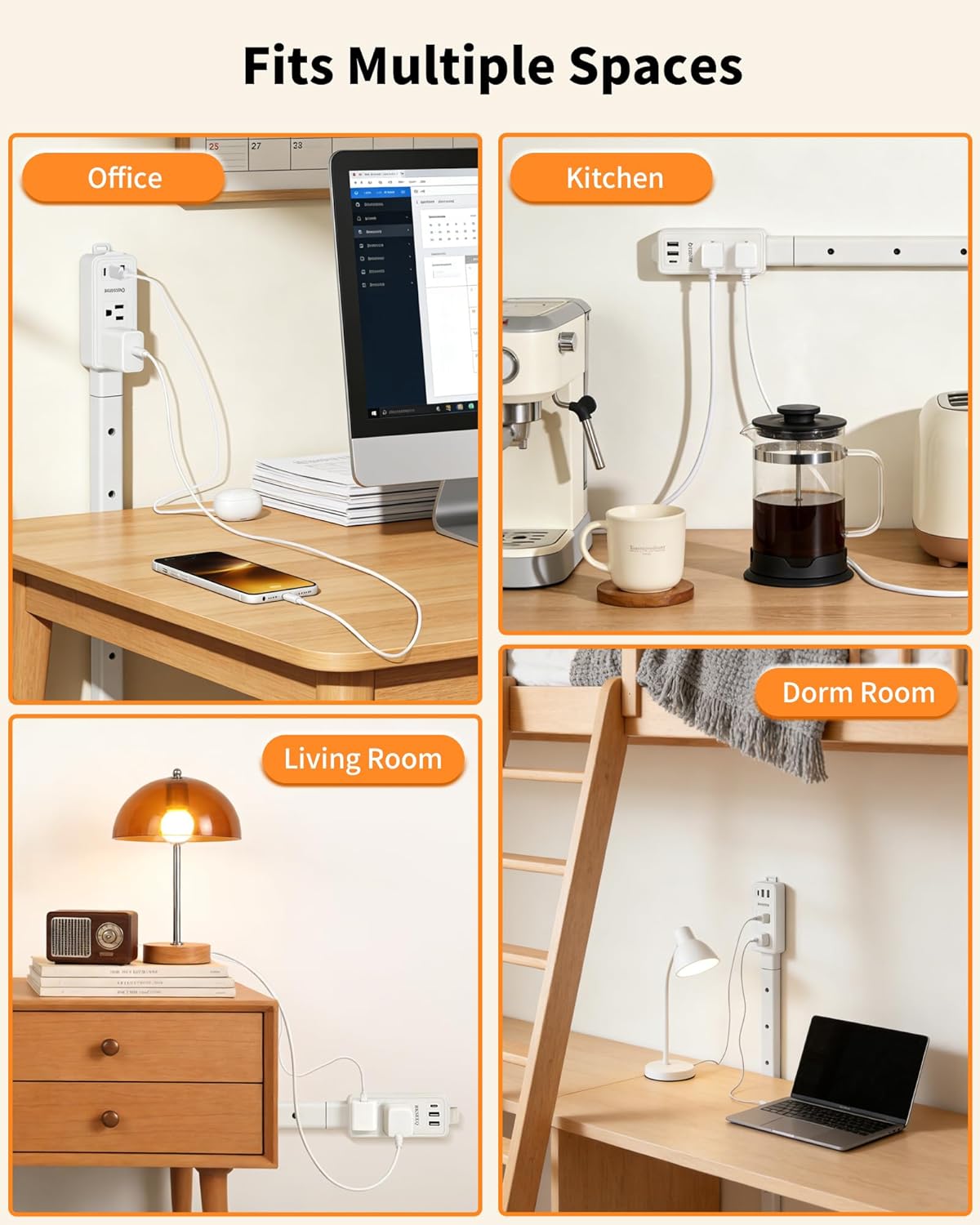 Extendable Outlet, Electrical Outlet Extender Stick with 1 USB-C & 2 USB-A, 2 AC Outlets, Power Socket Expander Features 4-Way Plug, Hard-to-Reach Outlets, Extends 6.3–33.5" for Behind Couch, Bed