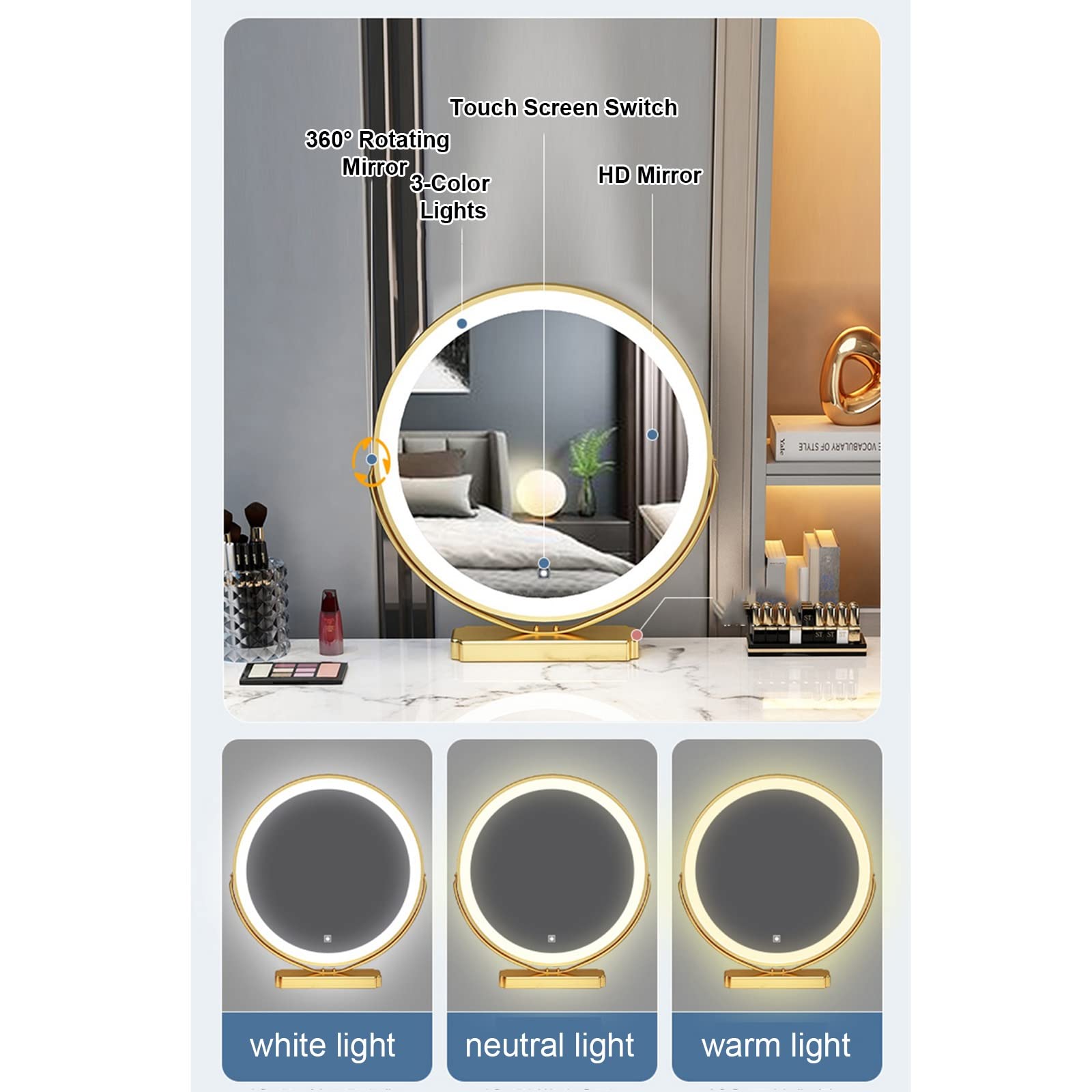 Vanity moderno per il trucco con luci, grande tavolo da toeletta regolabile con illuminazione a 3 colori, elegante design grigio, include comodino mobile e sgabello in peluche, perfetto per gli amanti
