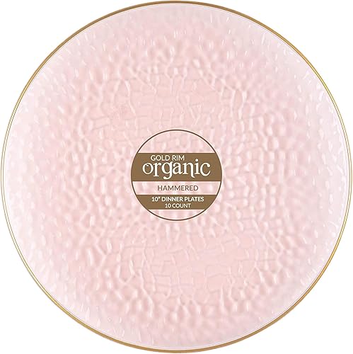 PARTY BARGAINS Organic Collection - Platos llanos martillados de 10 pulgadas con borde dorado, color rosa transparente, paquete de 10 vajillas
