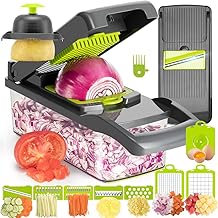 KEOUKE Vegetable Chopper Mandoline Slicer Grey - 12 in 1 Interchangeable Blades Food Chopper with Container, Hand Guard &amp; Drainer, Veggie Dicer Kitchen Gadget for Onion, Cucumber, Tomato, Fruit