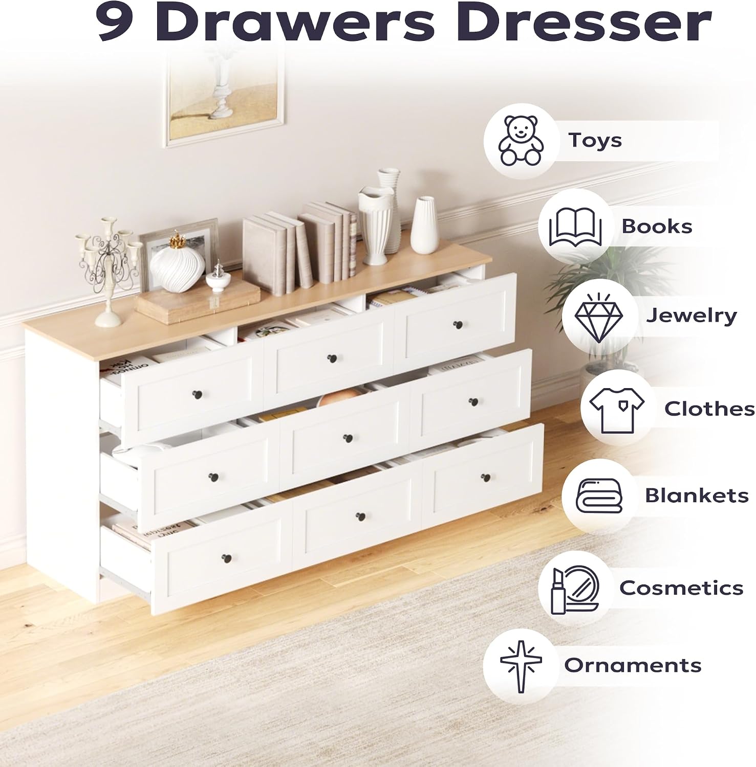 Furnify 9 Drawer Dresser, 59" Wide Dresser for Bedroom, Modern Large Chest of Drawers, TV Stand for 65 inch, Storage Organizer with Metal Handles for Bedroom, Living Room, Hallway, White