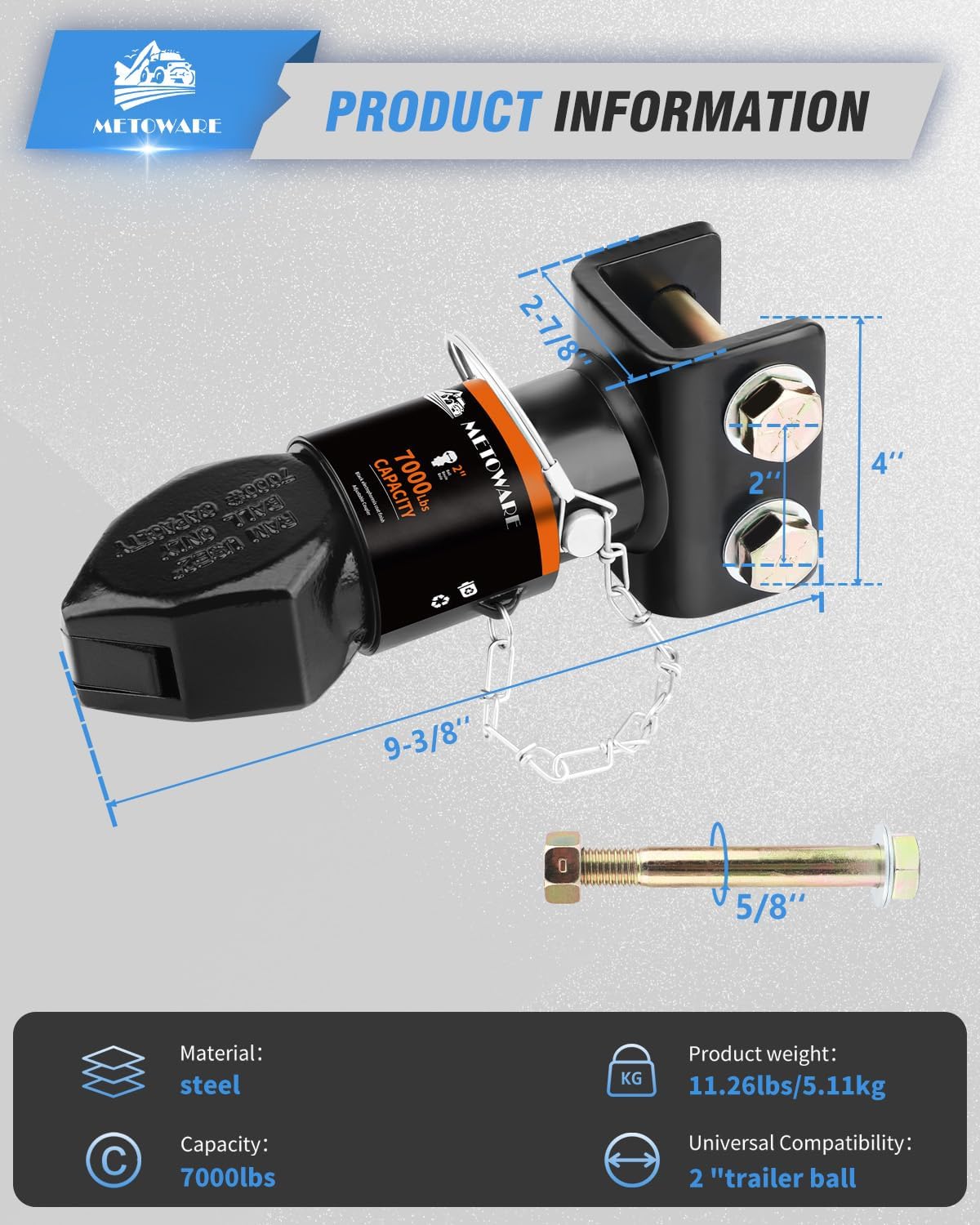 METOWARE 2" Channel-Mount Adjustable Trailer Coupler with Bolts and Nuts, Capacity 7000lbs, Black - Image 2