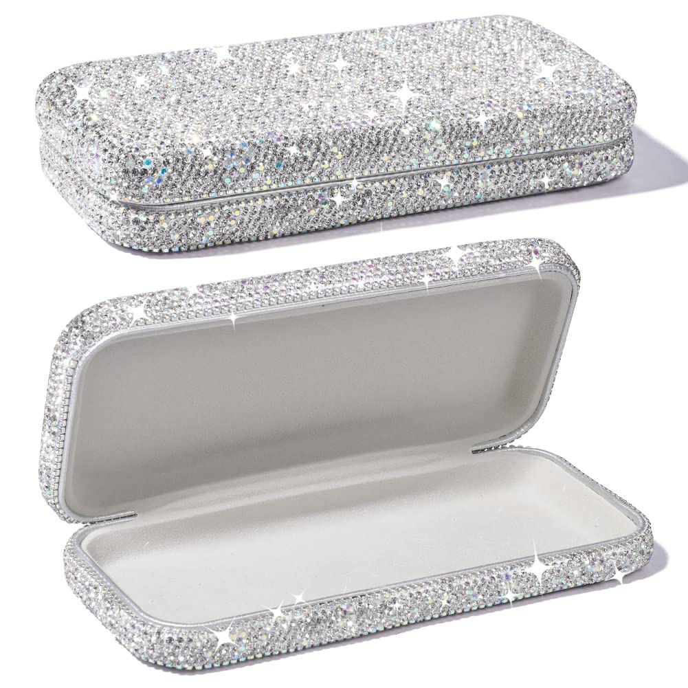 JSCARLIFE Eyeglasses Glasses Case, Bling Crystal Rhinestone Sunglasses Holder Hard Shell Protective Large Eyeglass Case Storage Box for Eyeglasses Sunglasses (Silver)