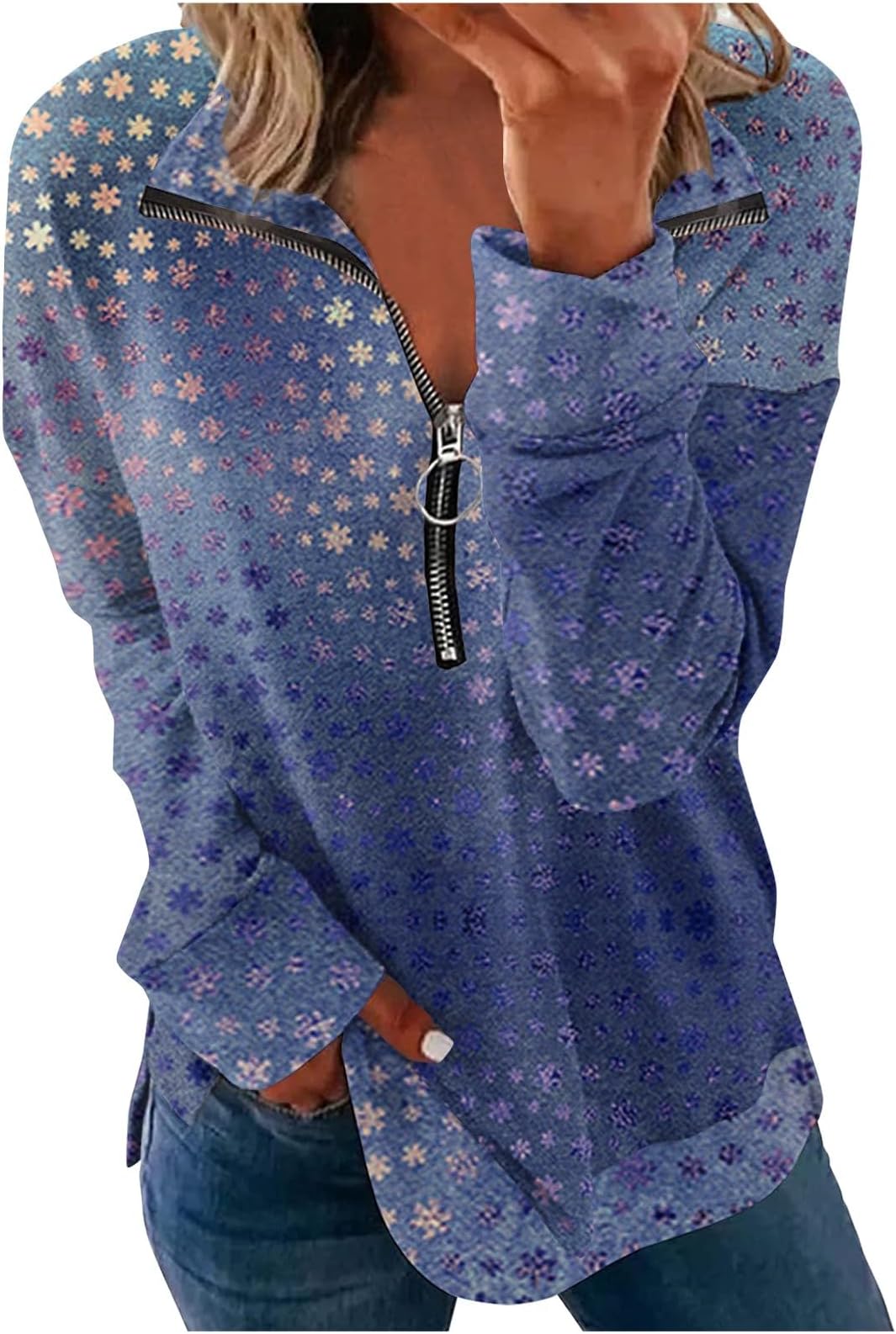 Womens Plus Size Sweatshirts Half Zip Lapel Pullover Tops Casual Vintage Graphic Pullovers Fall Long Sleeve Top