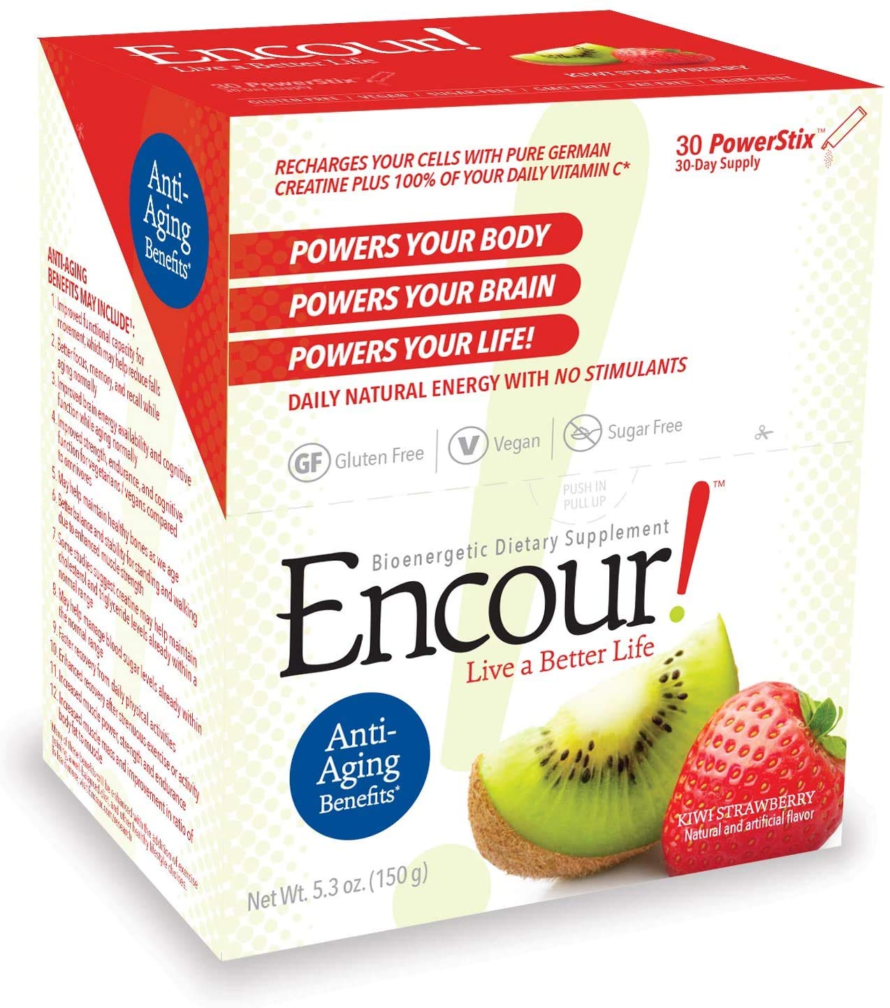 Encour! Bioenergetic Anti-Aging Supplement | Single-Serve Drink Powder Packs | 30 Day Supply (Kiwi Strawberry)