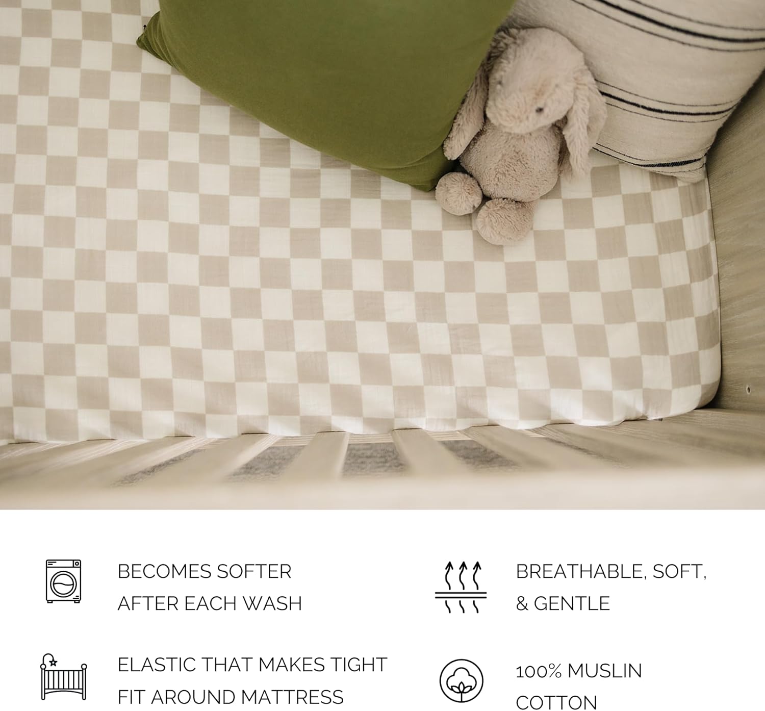 Taupe Checkered Muslin Crib Sheet by Mebie Baby, Soft and Breathable Bed Sheets for Babies, Modern Neutral Bedding for Cribs, Standard Crib Mattress Fitted Sheet, Great for Boy or Girl Room or Nursery