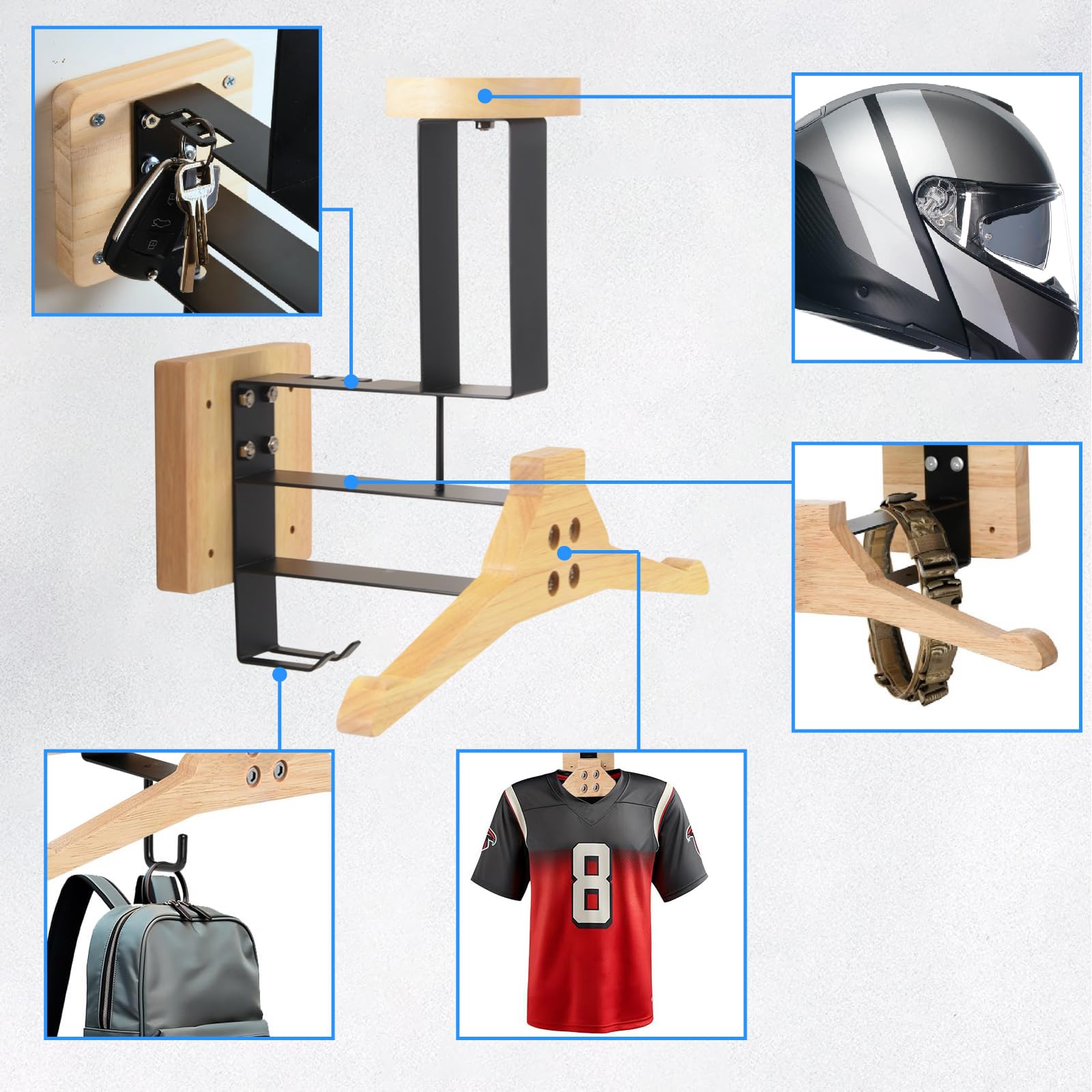 Support Casque Moto, Porte Casque Moto Mural pour Accrocher Le Casque et la Veste de Moto au Mur, Support Mural pour Gilet Tactique (Un baroudeur)