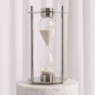 Perth Silver Hourglass Decorative Object with Compass – Metal, Aluminum & Glass Modern Home Decor Accent – Shelf & Coffee Table Decor for Office & Living Room – 15", Ivory & Tan
