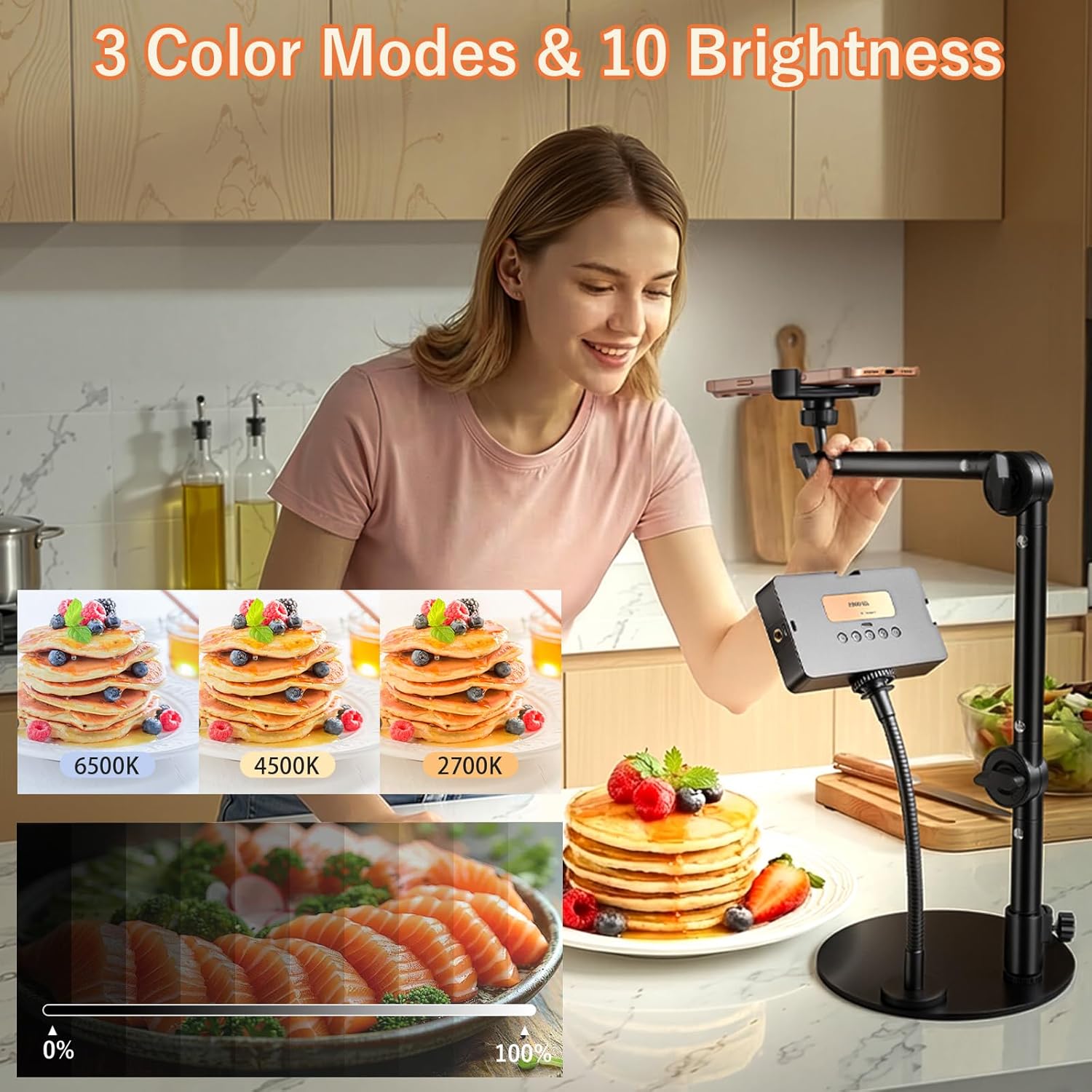 Yoobao Overhead Phone Mount for Desk, Selfie Light with Desk Mount, Rechargeable Selfie Light with Phone Holder for Video Recording, Meeting, Live Streaming TikTok YouTube
