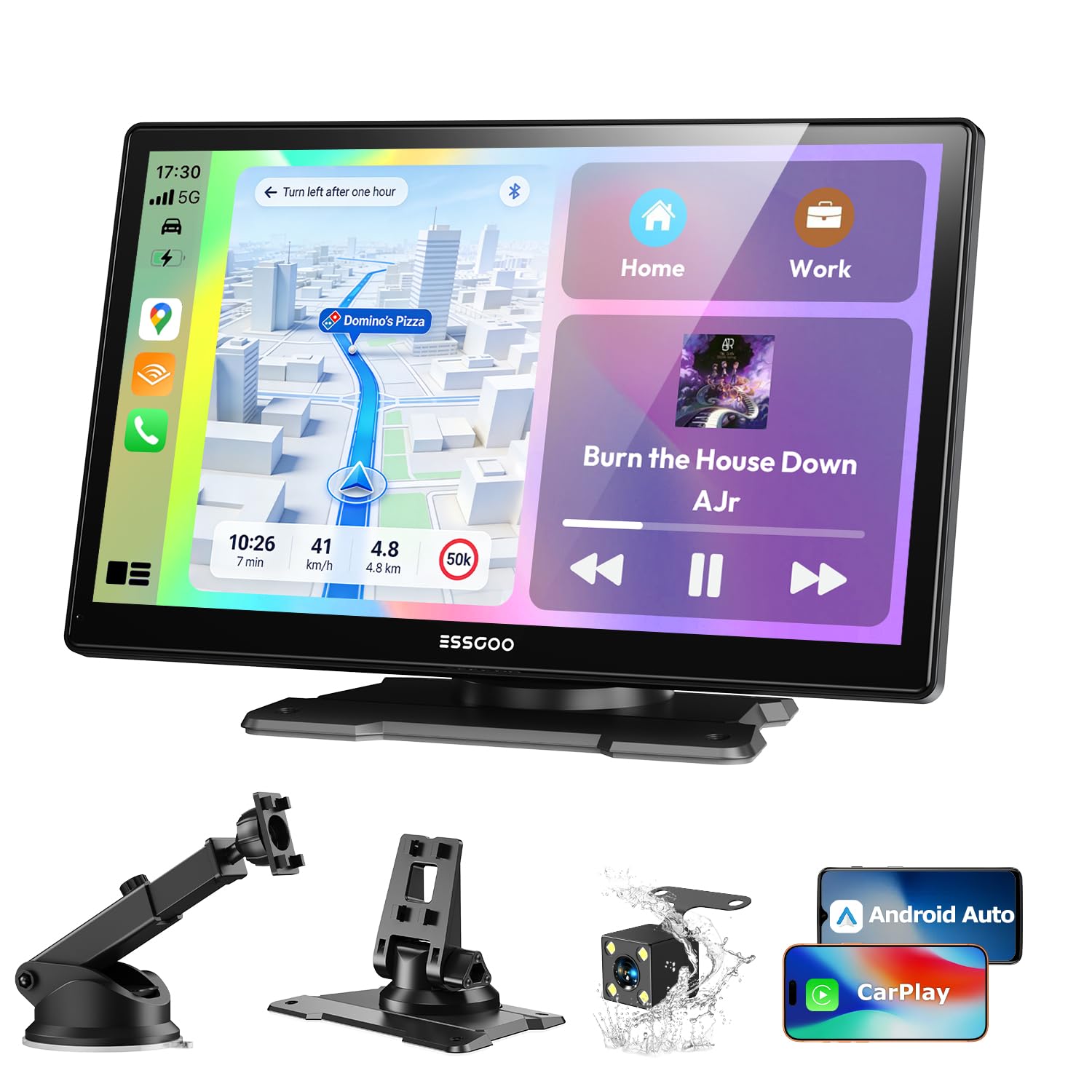 ESSGOO Écran CarPlay Voiture 9 Pouces avec Caméra de Recul Prend en Charge A-pple CarPlay & Android Auto,GPS,FM, Mirror Link, Appels Mains Libres Bluetooth, Siri et Google Assistant