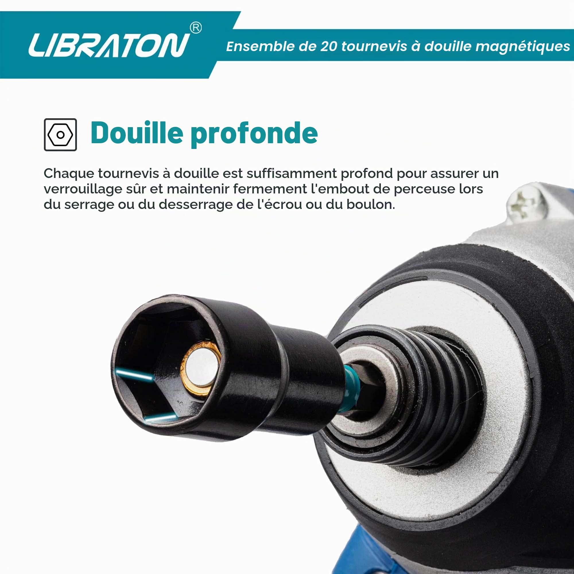 Libraton Lot de 20 Tourne-écrous magnétiques, 1/4" Hexagonale pilotes d'écrou en acier au chrome vanadium, métriques et SAE tournevis à écrous, avec sac de rangement