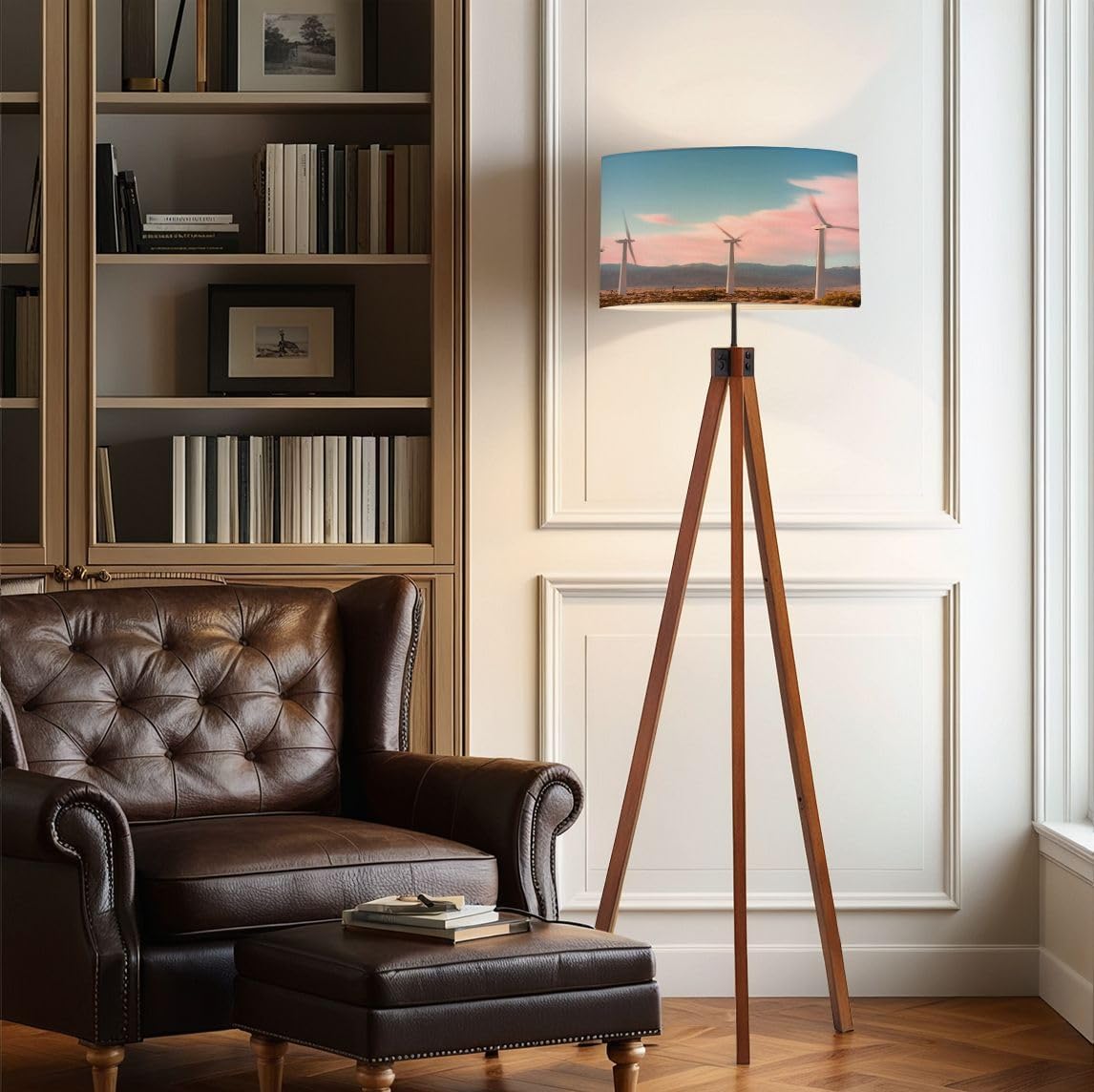 Wood Tripod Floor Lamp Palm California Wind Farm Mid Century Standing Lamp Linen Shade Dimmable Modern Tall lamp Home Decor for Living Room Bedroom Office