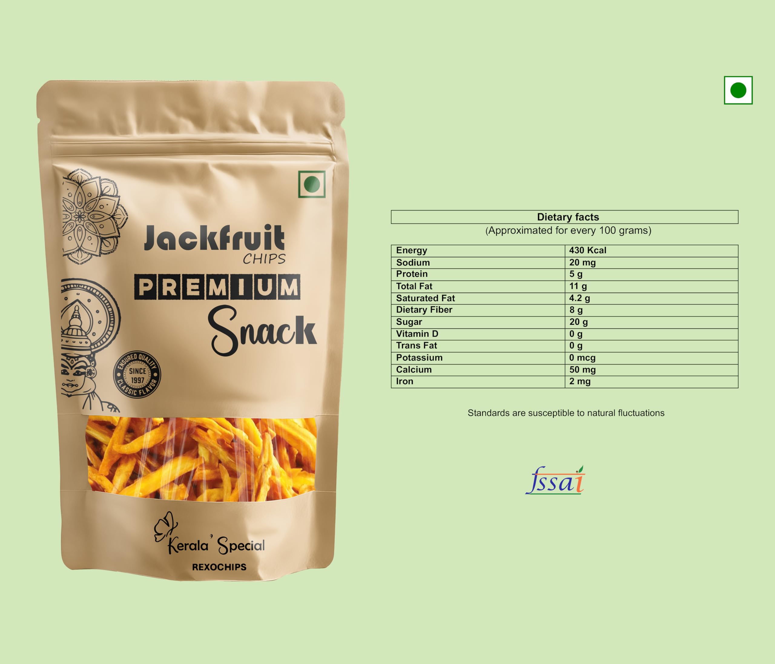 Rexochips - Premium Kerala Jackfruit Chips|| Chakka Upperi| Classic Taste |Gluten Free| No Added Sugar |Vegetarian| non GMO |Best Teatime Snacks| High In Fiber |Calcium Rich - 200 Gm