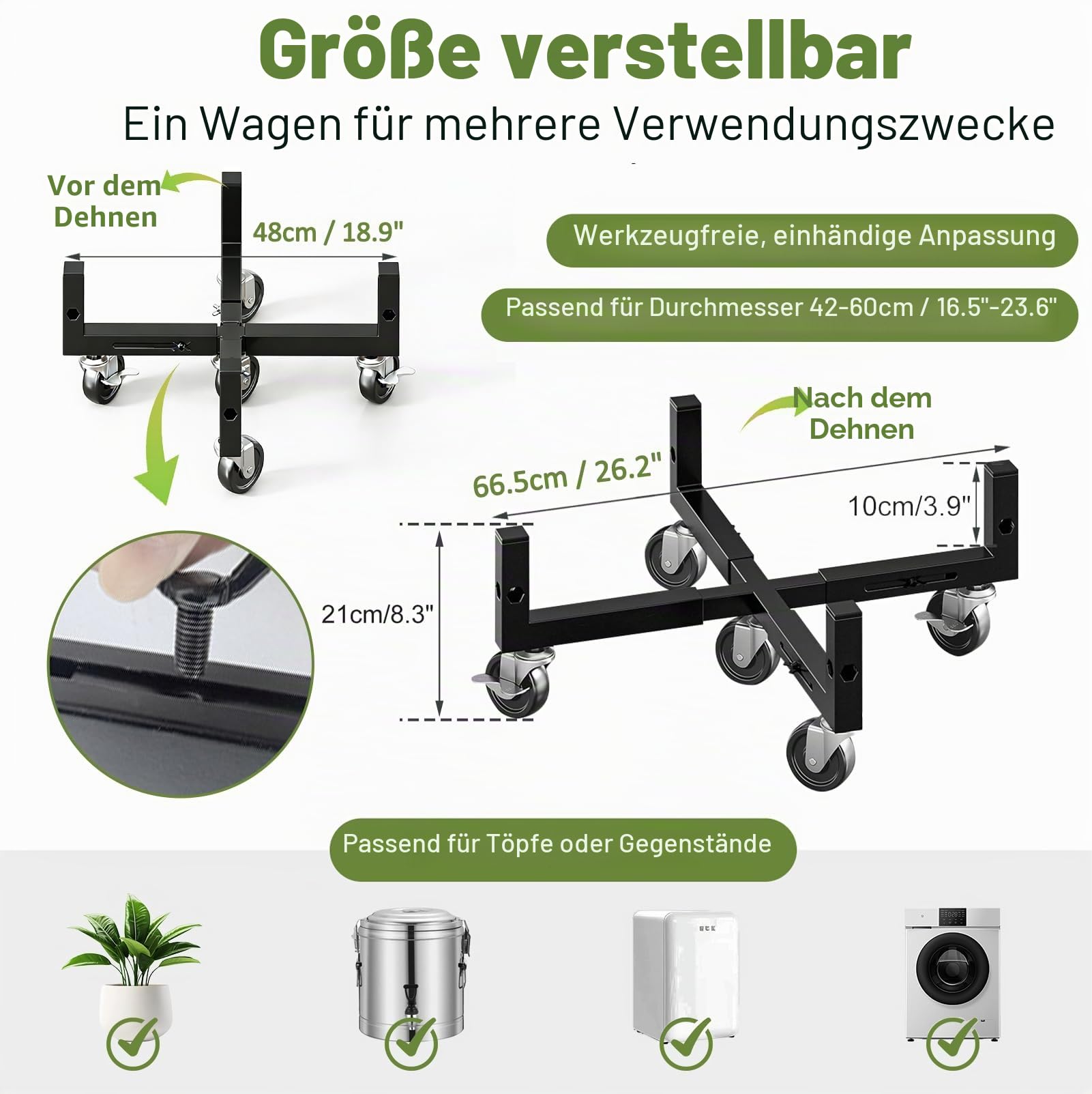 Pflanzenroller Outdoor, Eckig Rollbrett für Blumentöpfe mit Rollen 48–66 cm