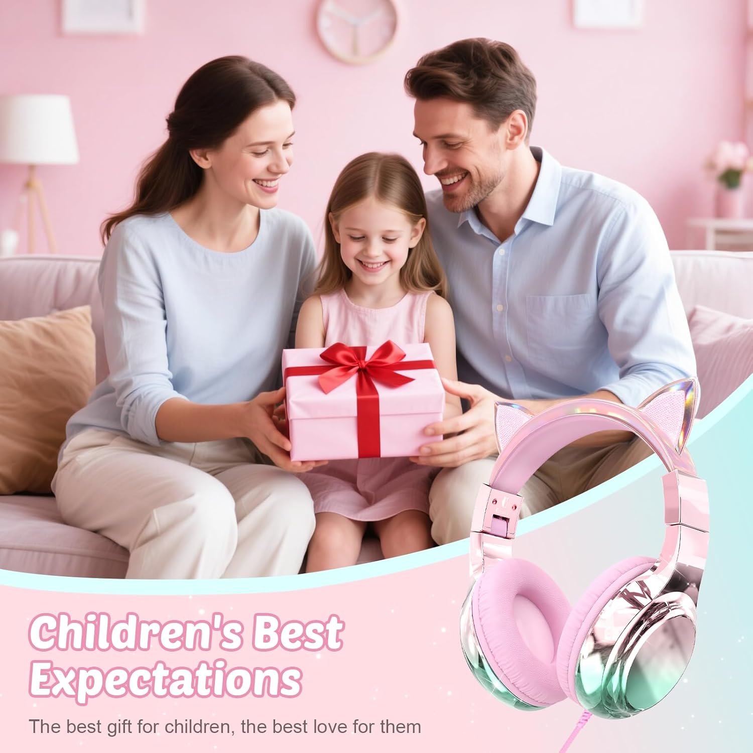 QearFun Kids Cat Ear Headphones with USB C for Girls with Microphone, 85/94dB Safe Volume Limiter, Tangle-Free Cord, Share Port, Foldable Sparkly Wired Headset for School, Travel, Tablet, iPad - Image 2