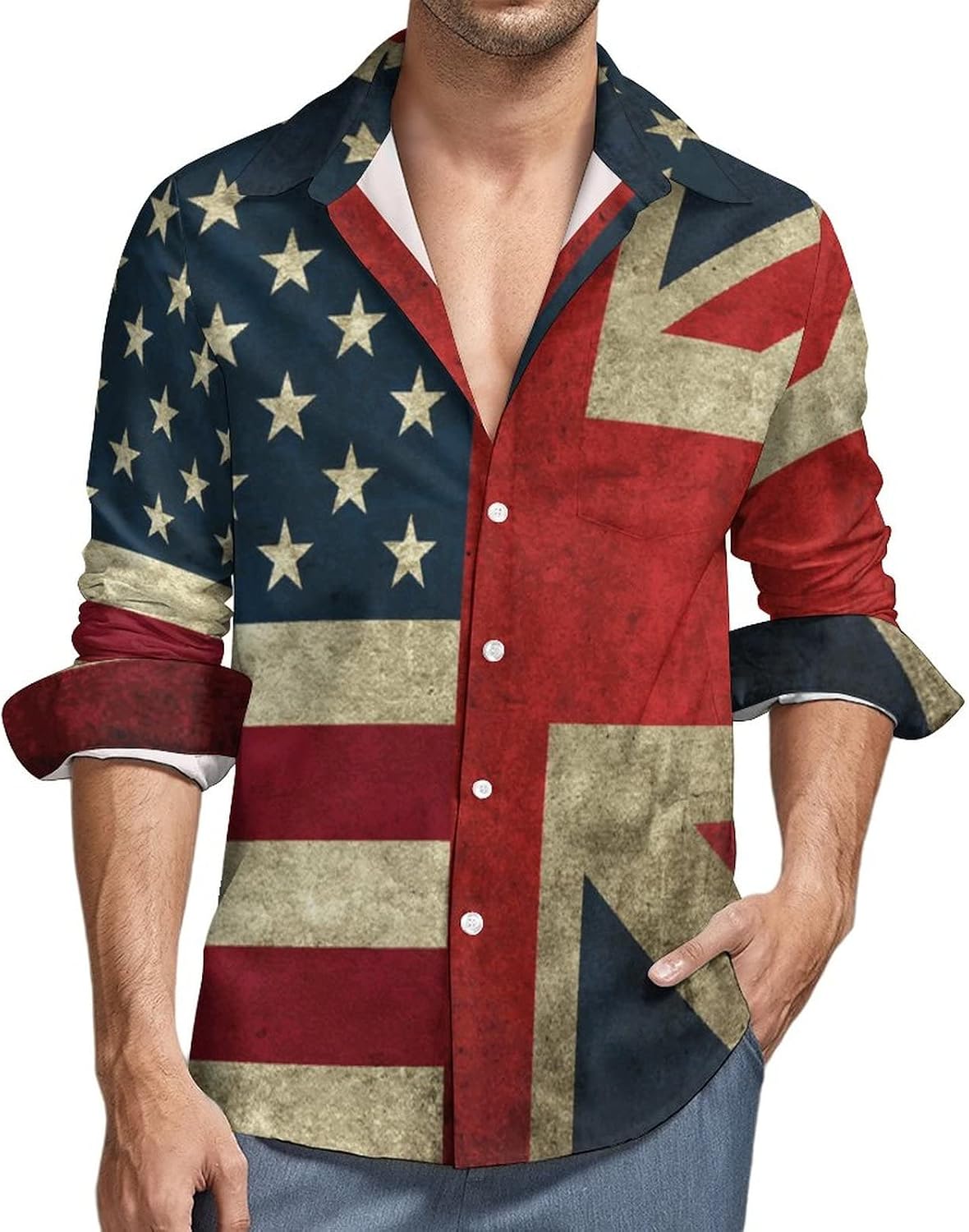 Retro American and The Union Jack Flag Men's Shirt Long Sleeve Casual Button Down T-Shirt Blouse Tee Top