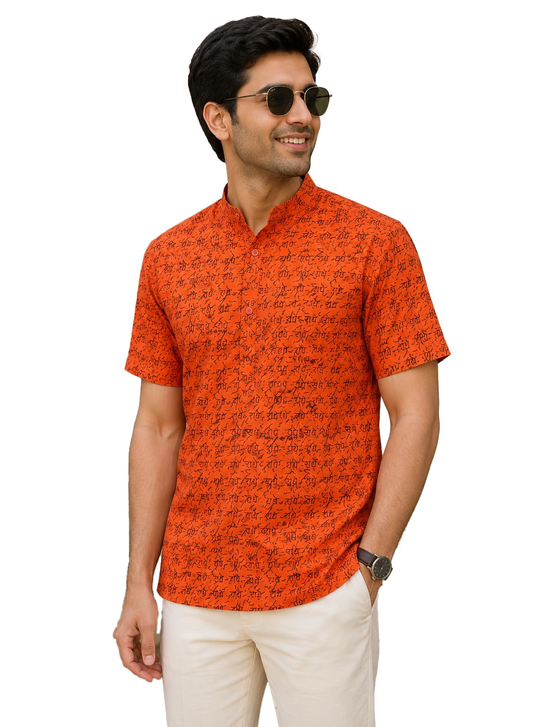 latest chikan Men's Cotton Printed Short Kurta | Half Sleeve Band Collar Ethnic Wear | Radhe Print Casual Festive Traditional Kurta for Men-picture-32