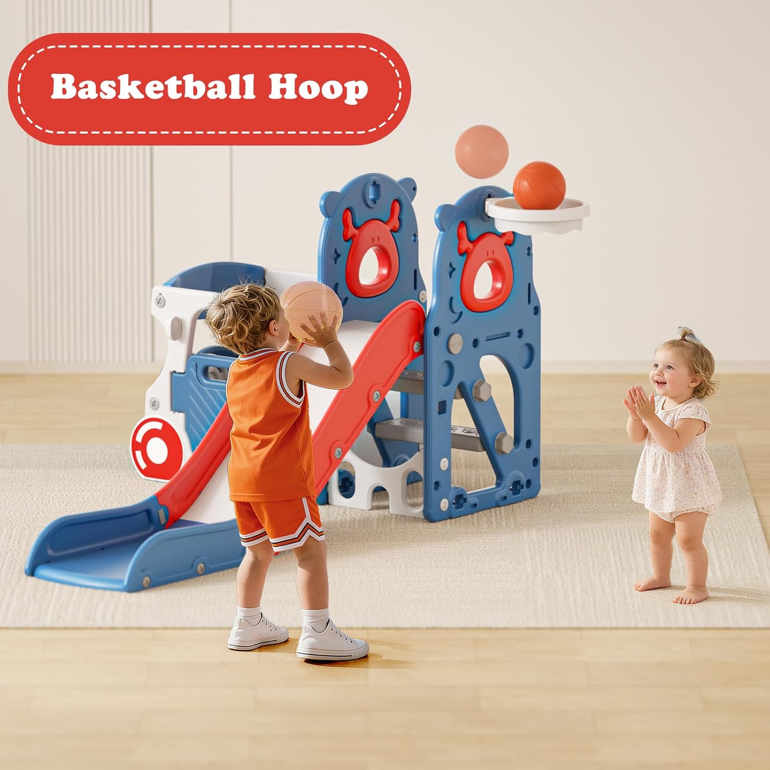 XJD 5 in 1 Toddler Slide, Kids Slide for Toddlers Age 1-3, Outdoor Indoor Playset for Toddlers with Basketball Hoop and Ball (Blue Red, Slide)