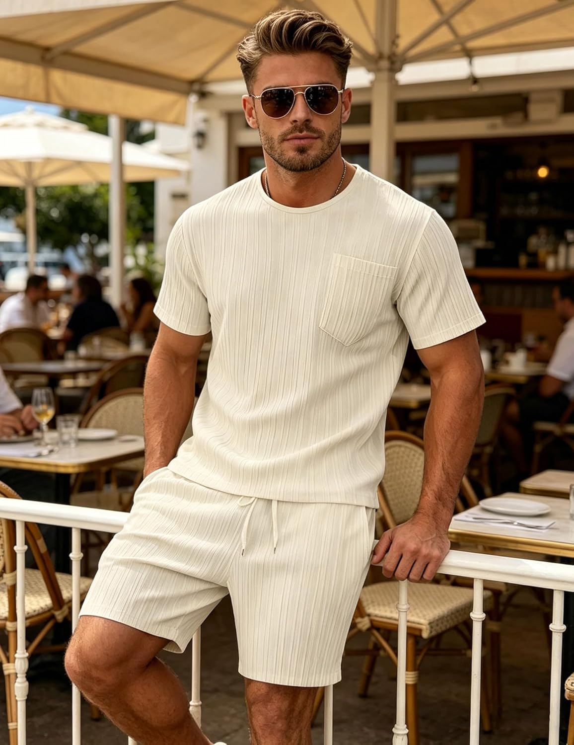 Bealin Men's Summer Beach Outfits 2 Piece Vintage Short Sleeve T Shirts and Shorts Vacation Texture Sets