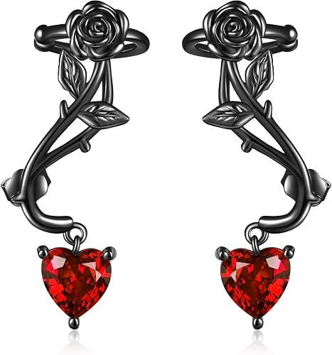 Black Rose Ear Climbers Earrings for Women Sterling Silver Rose Ear Cuffs Crawle