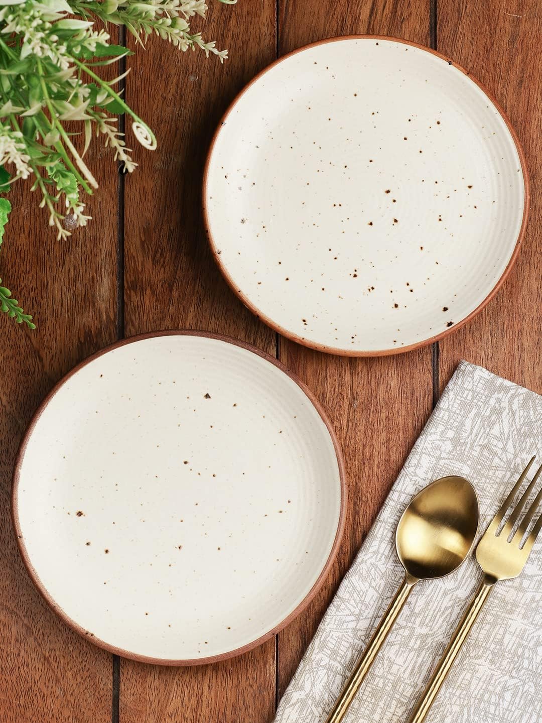 - Miah Decor Ceramic Quarter Plates Small Dinner Plates Set of 2 Handcrafted Stoneware Off-White with Brown Rim & grains Serving Platter for Snacks & Dessert Microwave and Dishwasher Safe -Size 7 Inches