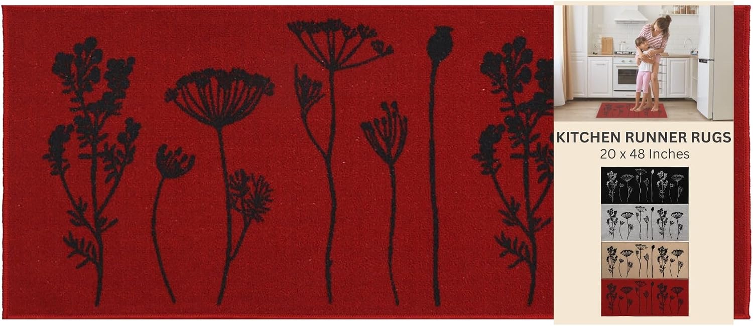 Wool Effect Wildflowers Kitchen Runner Rug 48 x 20 Inches Red Black