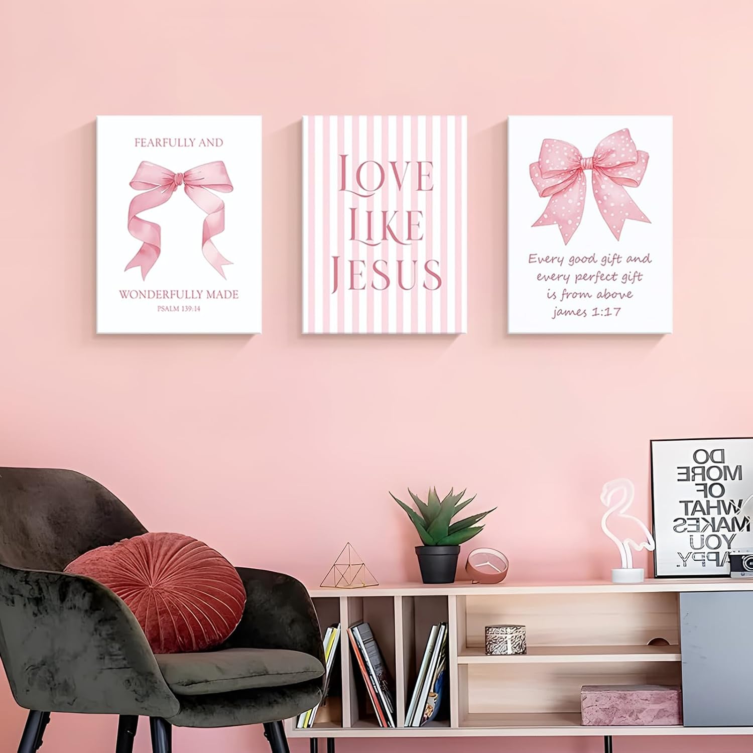 Dytila 3 Piece Pink Bows Wall Art for Girls Room, Bible Verse Pictures Bathroom Decor, Coquette Wall Artwork, Cute Teen Room Decoration, Dorm Decor for College, College Gifts for Girls 12x16 Inch