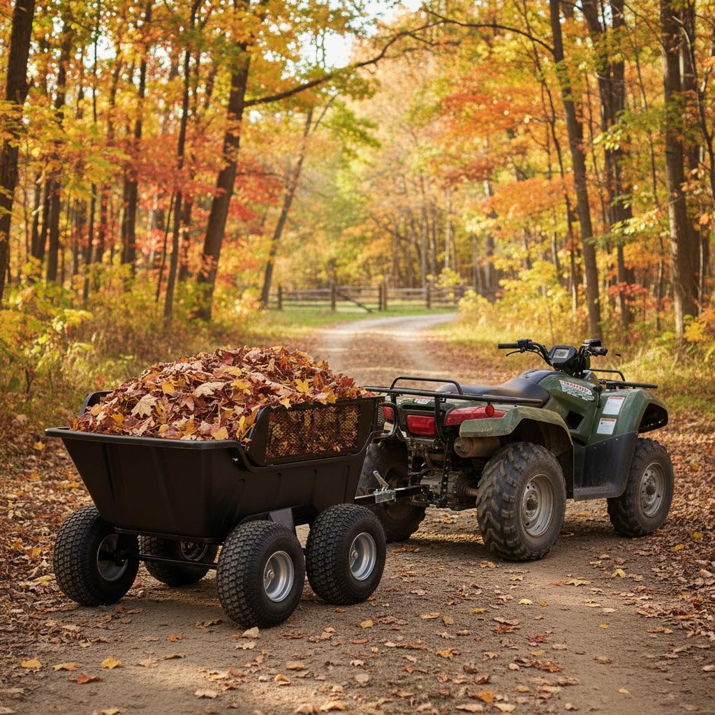Rimorchio Ribaltabile ATV Quad Tosaerba da Giardino Off Road Carrello Pesante 680kg 1500lbs Portata Sistema Ribaltabile a Molla Estensione Rete Rimovibile Traino Universale 4 Ruote Pneumatici 18”